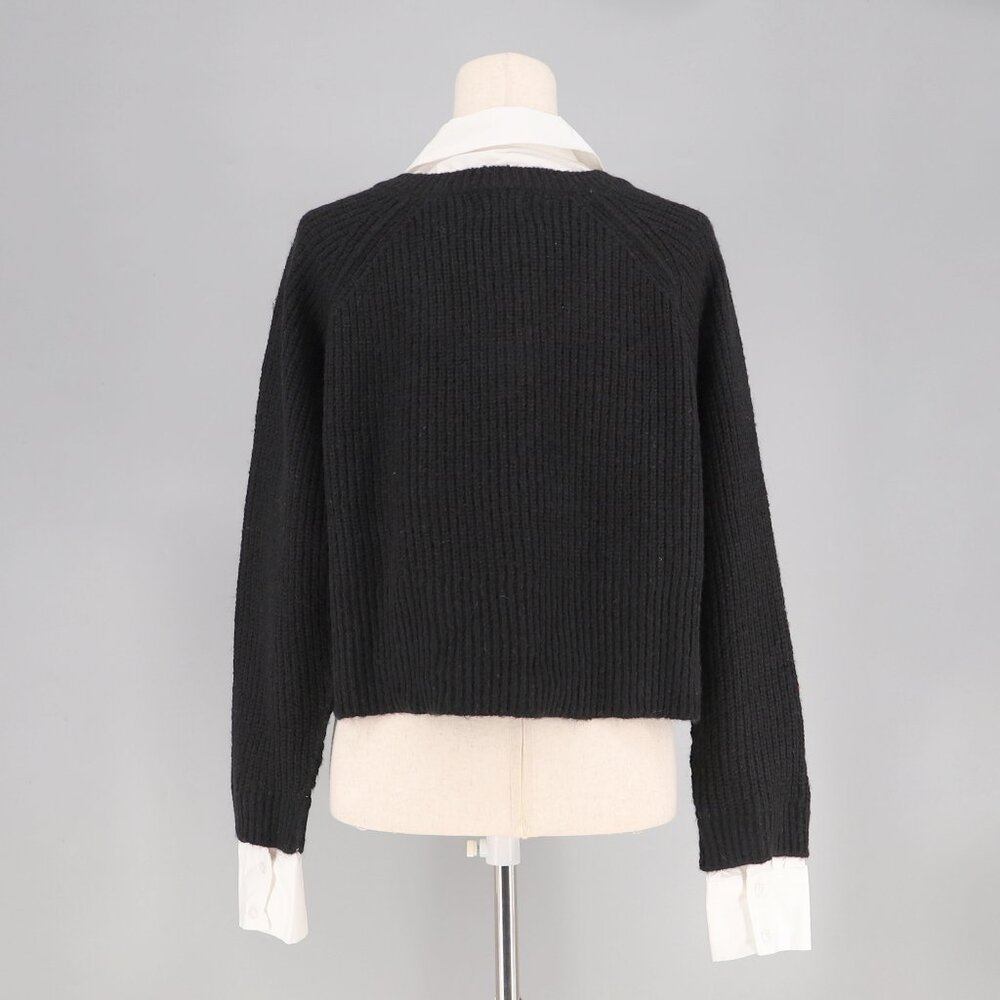 NWT ELAN Kasha Layered Collared V-Neck Cropped Sweater Shirt Black White Size S - Picture 6 of 9